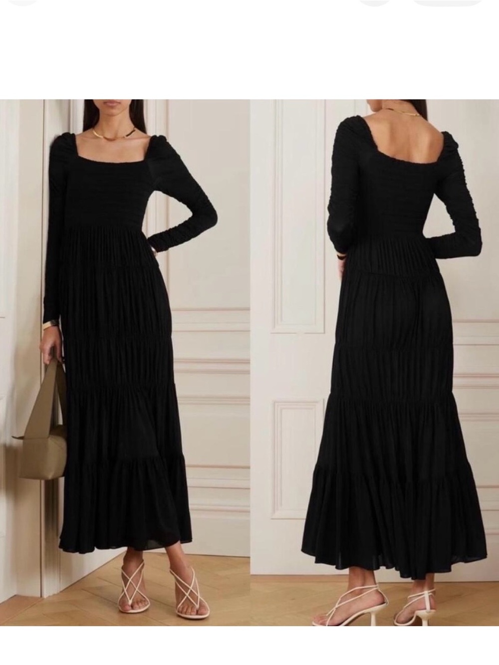 NWT La Ligne MARELLA Black Tiered Dress with Ruched Long Sleeves